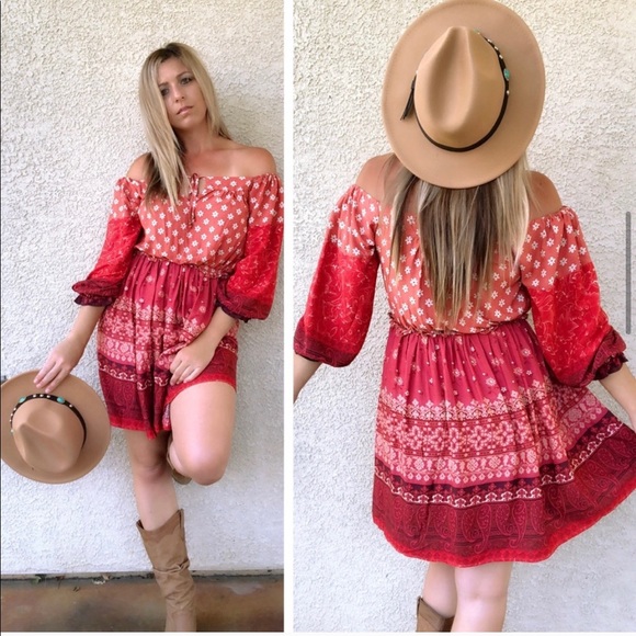 New! Clearance 🔥 Desert Red Boho Off theShoulders Ruffle Dress - Picture 10 of 15